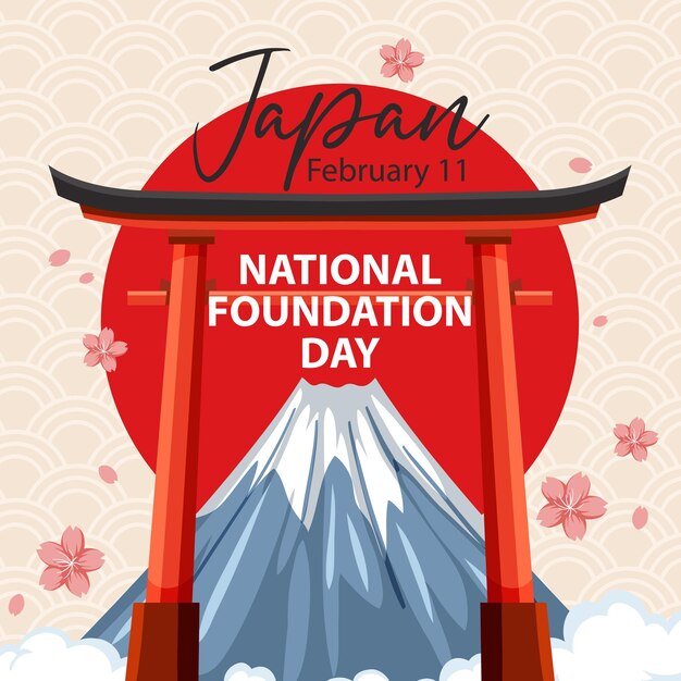 Pancarta del Día de la Fundación Nacional de Japón con el Monte Fuji y la Puerta Torii