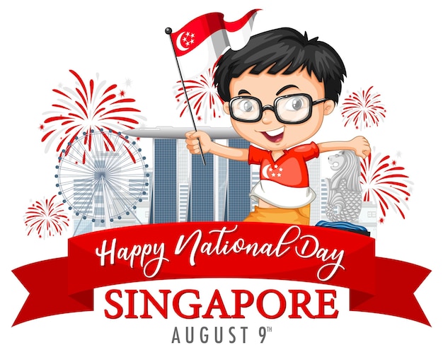 La pancarta del día nacional de singapur con un niño sostiene el personaje de dibujos animados de la bandera de singapur