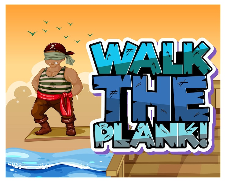 Vector gratuito pancarta con el logotipo de walk the plank con un hombre pirata caminando sobre la plancha