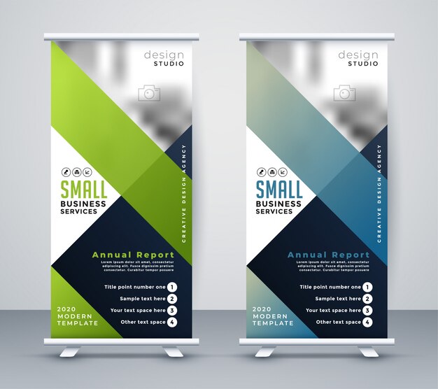 Pancarta de negocios verde y azul rollup standee