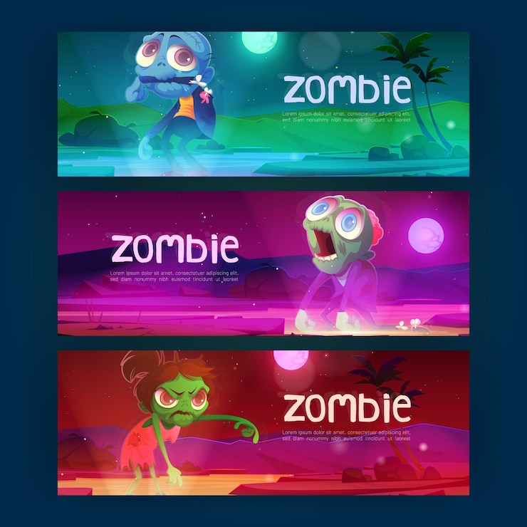 Vector gratuito pancartas de dibujos animados con divertidos personajes zombis caminando por la noche invitaciones de fiesta de halloween con divertidos personajes muertos masculinos y femeninos monstruos lindos y enojados usan ropa rasgada ilustración vectorial
