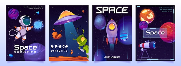 Pancartas de exploración espacial con lindos alienígenas, ovnis, astronautas, planetas, cohetes y lanzaderas
