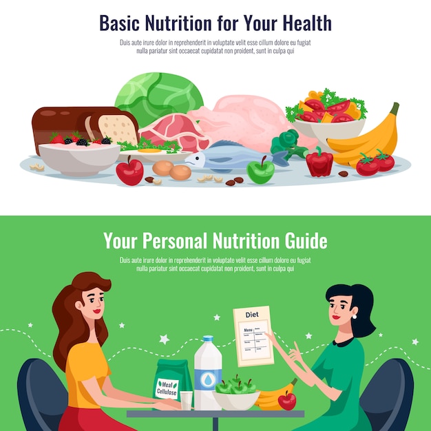 Vector gratuito pancartas horizontales de dieta con nutrición básica para una buena salud y una guía de nutrición personal