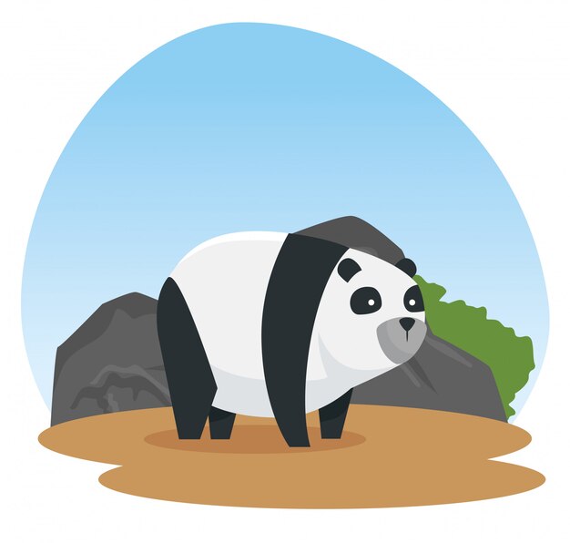 Panda animal salvaje con piedras y arbustos