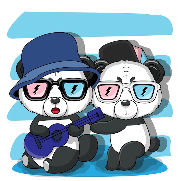 Vector gratuito panda canta y toca la guitarra con su amigo enojado.