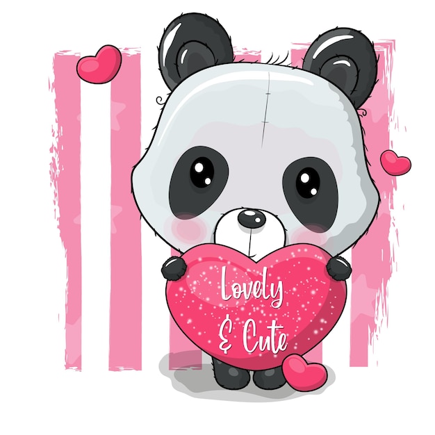 Panda de dibujos animados lindo con ilustración de vector de corazón