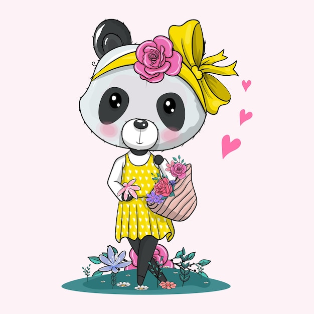 Vector gratuito panda de dibujos animados lindo con pañuelo y flores ilustración vectorial