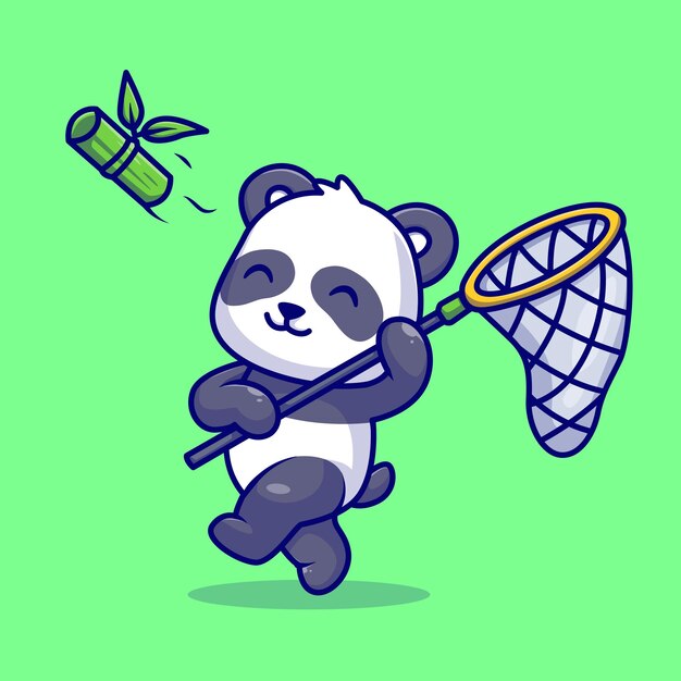 Panda lindo atrapando bambú con ilustración de icono de vector de dibujos animados de red de pesca. naturaleza animal aislada