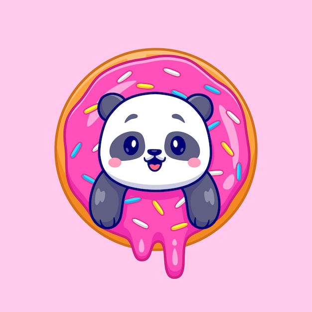 Vector gratuito panda lindo en ilustración de icono de vector de dibujos animados de donut. concepto de icono de comida para animales vector premium aislado. estilo de dibujos animados plana