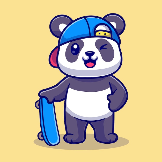 Panda lindo con la ilustración del icono del vector de la historieta del monopatín. Concepto de icono de deporte animal aislado Vector Premium. Estilo de dibujos animados plana