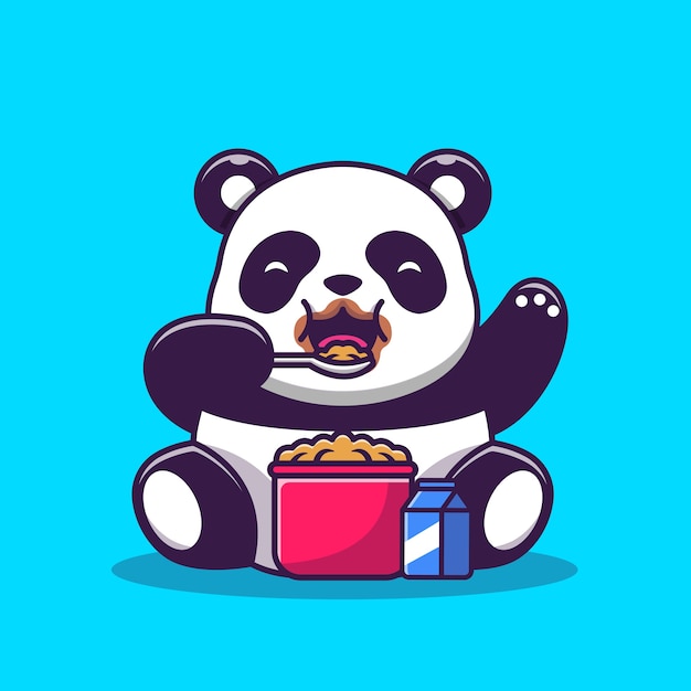 Panda lindo que come el ejemplo del vector de la historieta del desayuno del cereal y de la leche. vector aislado del concepto de la comida animal. estilo de dibujos animados plana