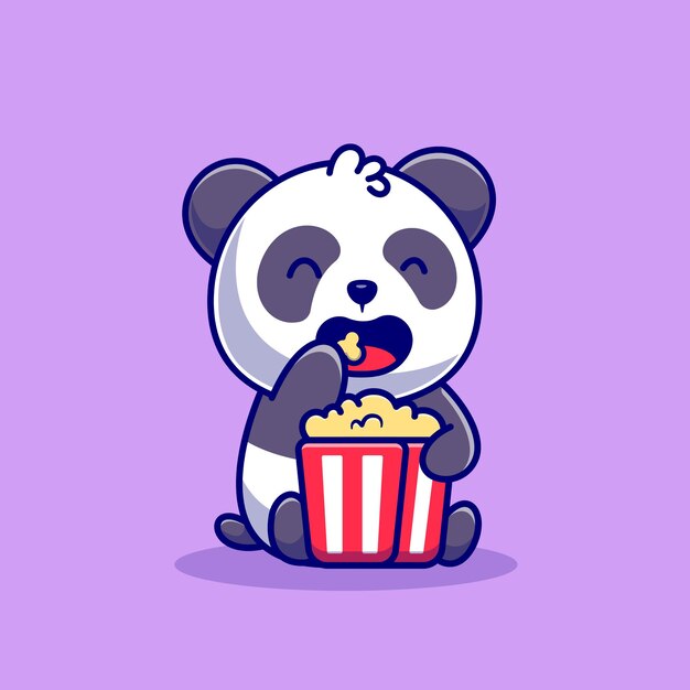 Panda lindo que come la ilustración del icono de la historieta de las palomitas de maíz. Concepto de icono de comida animal aislado. Estilo de dibujos animados plana