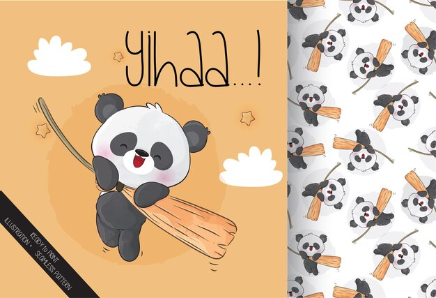 Panda lindo volando en escoba mágica feliz Halloween