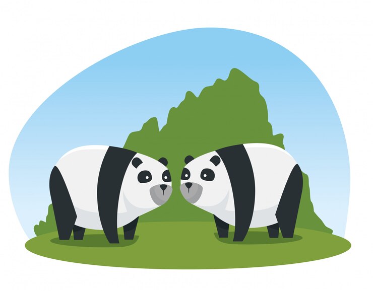 Vector gratuito panda pareja animales salvajes con arbustos