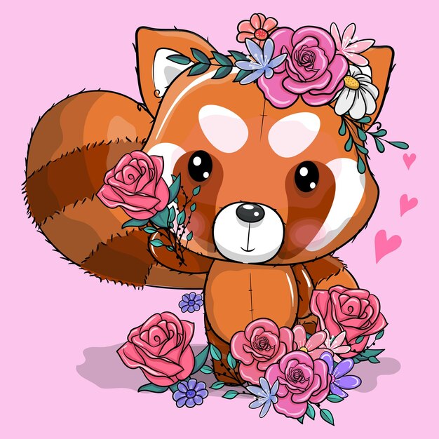 Panda rojo de dibujos animados lindo con flores ilustración vectorial