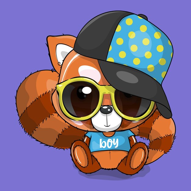 Panda rojo de dibujos animados lindo con gorra y gafas ilustración vectorial