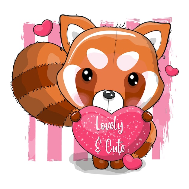 Panda rojo de dibujos animados lindo con ilustración de vector de corazón