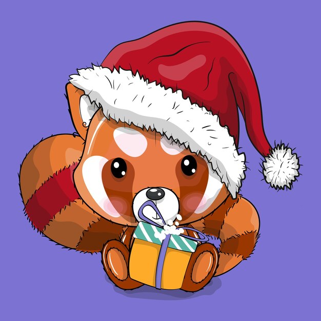 Panda rojo de dibujos animados lindo con ilustración de vector de sombrero de Navidad