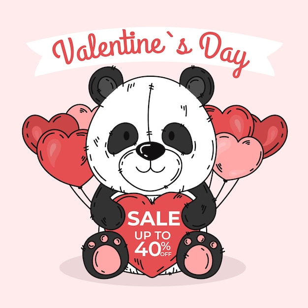 Panda de venta de día de san valentín dibujado a mano