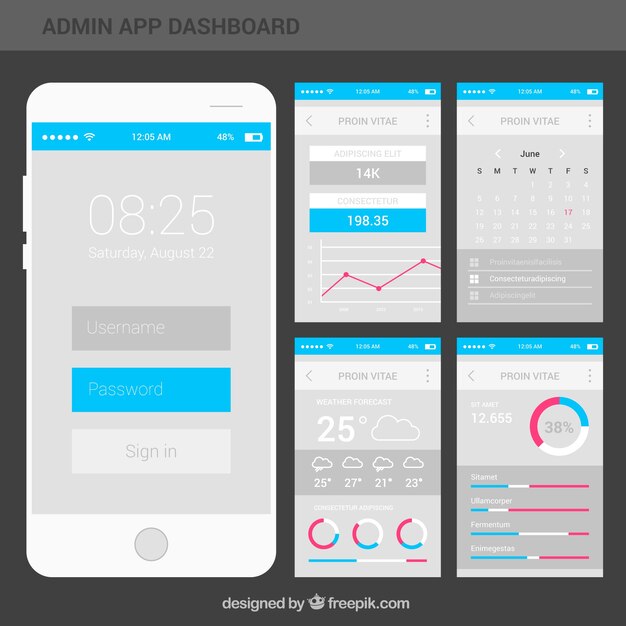Panel de control moderno de administrador de app con diseño plano