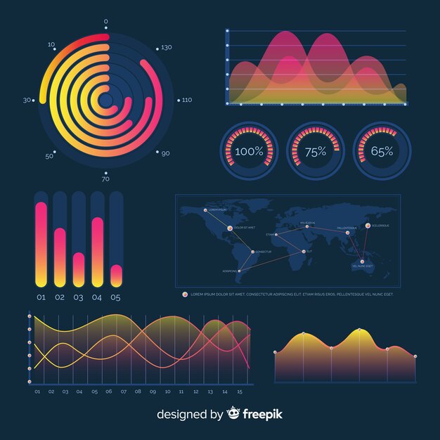 Panel de elementos de infografía degradado oscuro