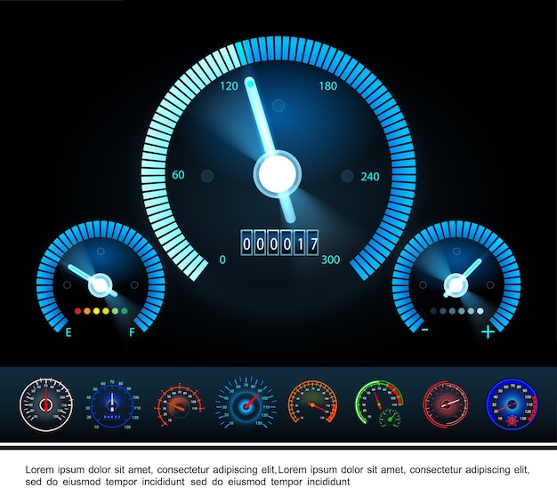 Panel del tablero de instrumentos del automóvil con tacómetro indicador de combustible y velocímetros coloridos en la oscuridad