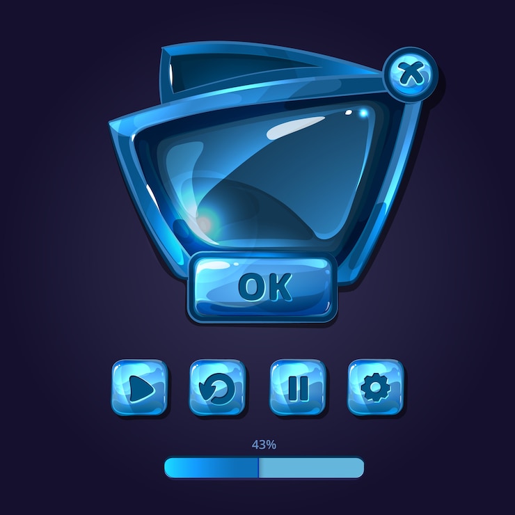 Vector gratuito paneles de vidrio y botones de estilo de dibujos animados de interfaz de usuario del juego. interfaz brillante, interfaz gráfica de usuario, plantilla de diseño