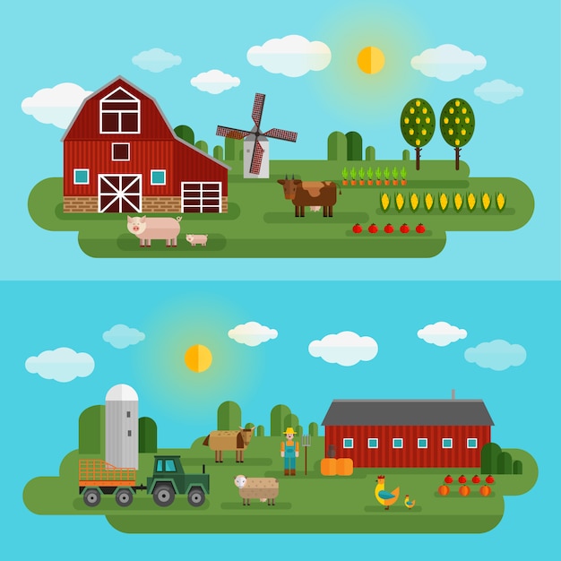 Panorama de granja plana con dos tipos diferentes de granja y animales