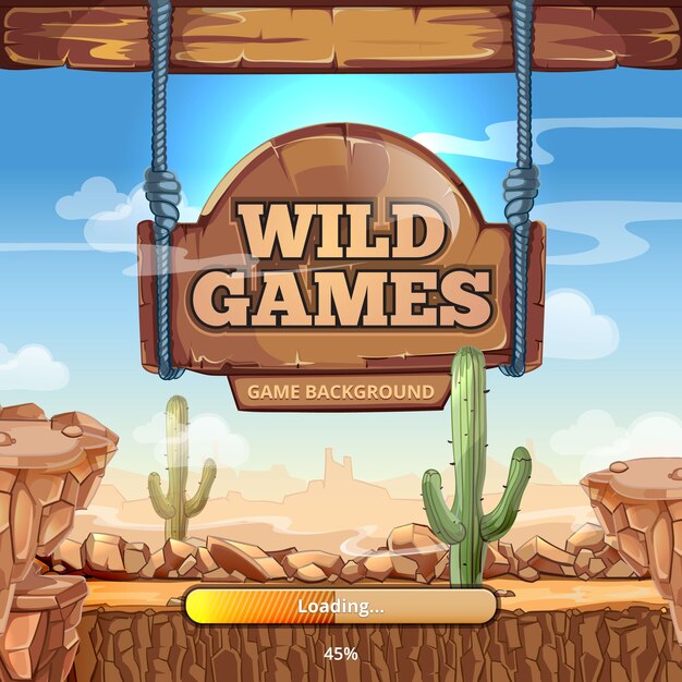 Pantalla de carga con título para el juego Wild West. Desierto y montañas, cactus y piedra, poste indicador