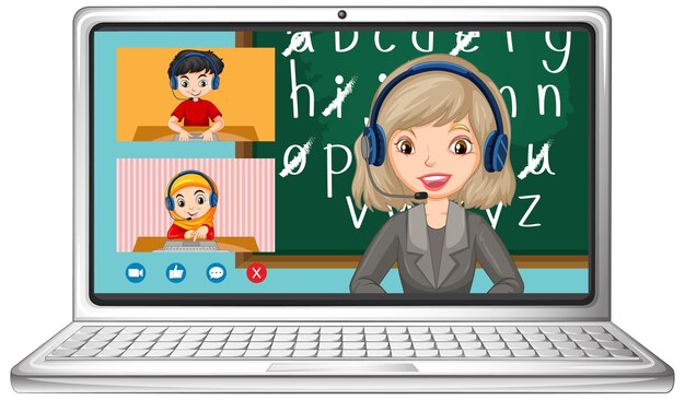 Pantalla de chat de video en línea del estudiante en la computadora portátil sobre fondo blanco