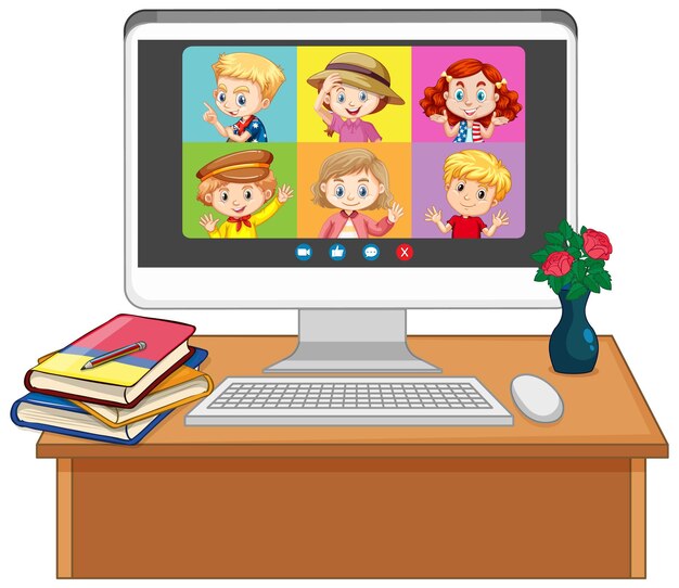 Pantalla de chat de video en línea del estudiante en la pantalla de la computadora sobre fondo blanco