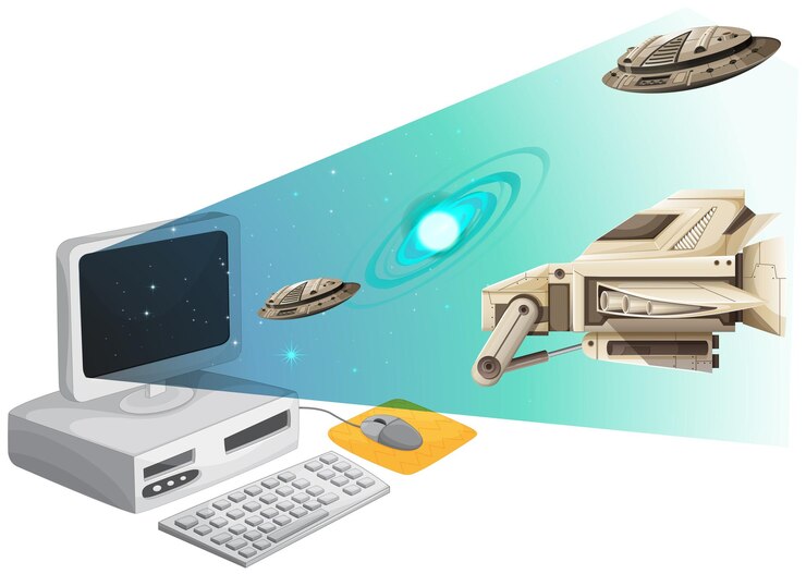 Vector gratuito pantalla de computadora con naves espaciales en el espacio.