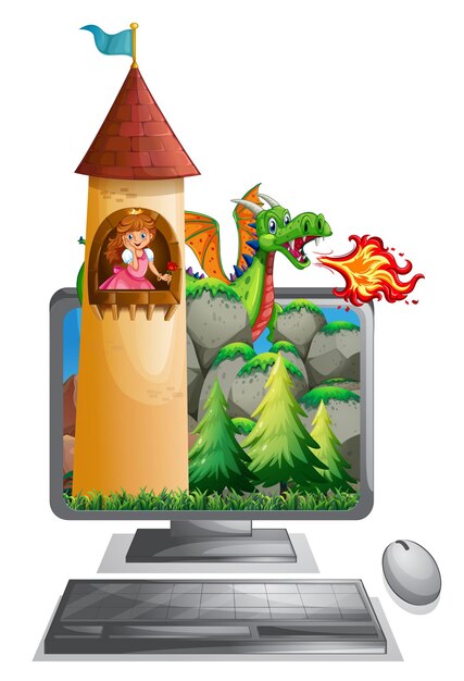 Pantalla de computadora con princesa en la torre.