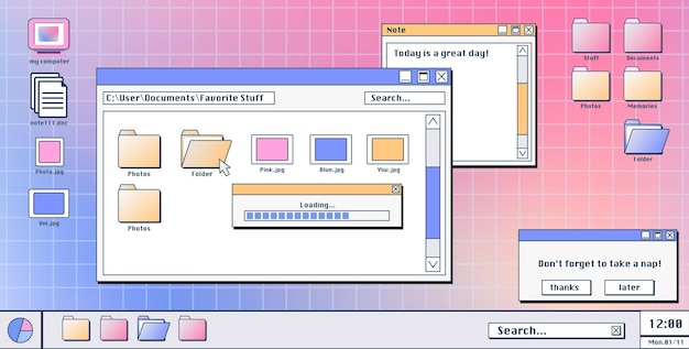 Pantalla de computadora con ventanas de software retro de los 90