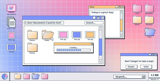 Pantalla de computadora con ventanas de software retro de los 90