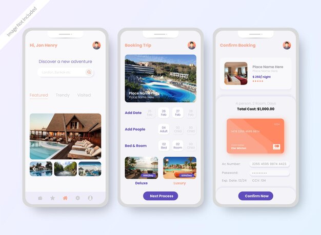 Pantalla de diseño de interfaz de usuario de la aplicación de reserva de hotel