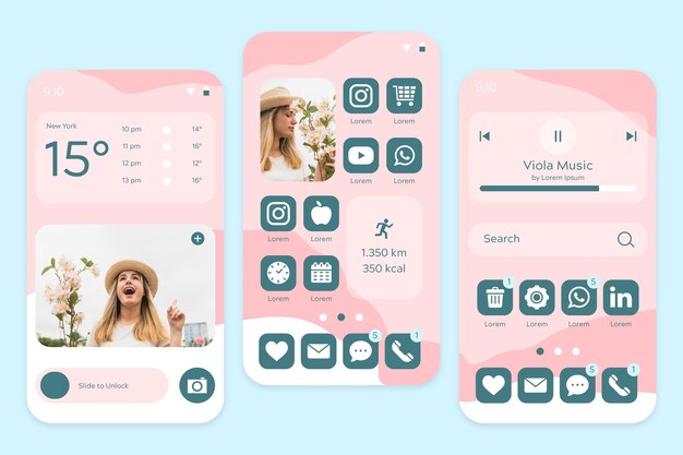 Pantalla de inicio pastel en tonos rosados