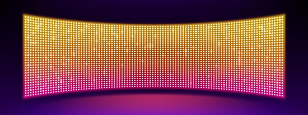 Pantalla LED cóncava realista en la pared o el escenario Ilustración vectorial de una gran pantalla de TV con luces de punto rosa amarillo neón brillante sobre fondo negro Panel de puntuación digital con lámparas de diodo para el estadio