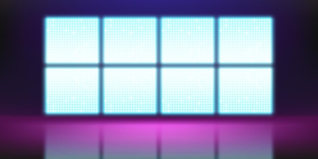 Vector gratuito pantalla led realista desenfocada en el escenario ilustración vectorial de una gran rejilla de pantalla lcd con luces de puntos azules y blancas brillantes fondo de la sala de conciertos espectáculo de teatro moderno decoración del club nocturno