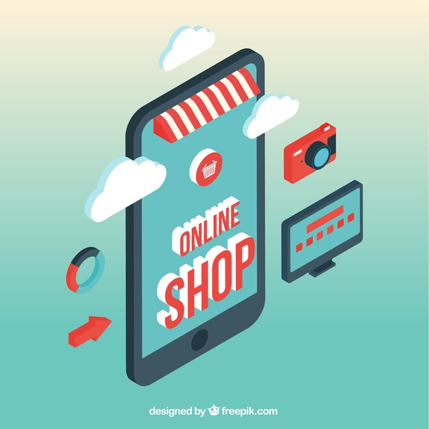 Pantalla de móvil isométrica y tienda online