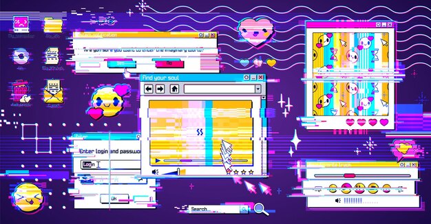 Pantalla de navegador de ventana retro y2k con efecto de falla
