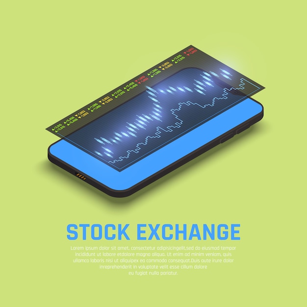 Pantalla del teléfono inteligente de la bolsa de valores con información del mercado financiero en tiempo real para la composición isométrica de los inversores de fondos