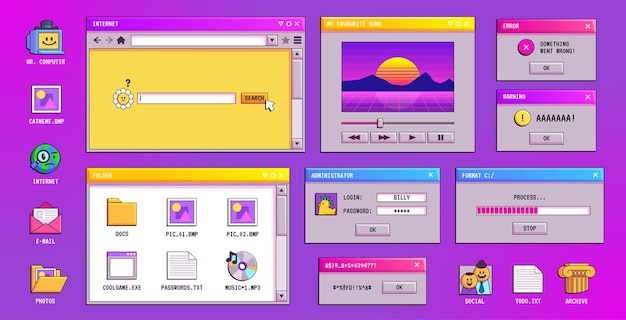 Vector gratuito pantalla de ventana retro y2k vaporwave de escritorio de los 90