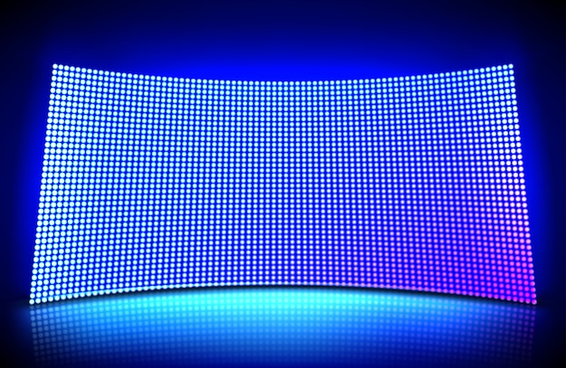 Vector gratuito pantalla de video de pared led cóncava con brillantes luces de puntos azules y púrpuras. ilustración del patrón de cuadrícula para pantalla led en estadio o escena. panel digital curvo con malla de lámparas de diodos.