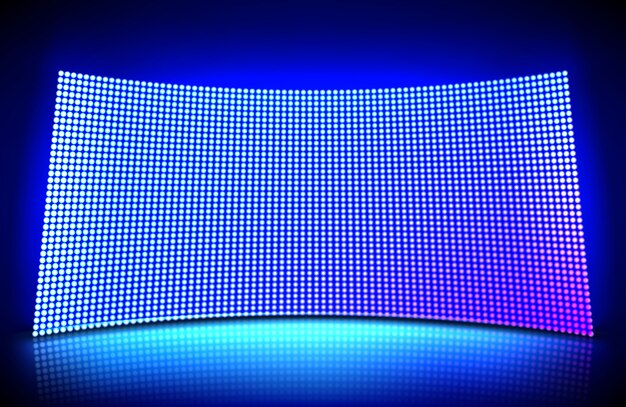 Pantalla de video de pared LED cóncava con brillantes luces de puntos azules y púrpuras. Ilustración del patrón de cuadrícula para pantalla led en estadio o escena. Panel digital curvo con malla de lámparas de diodos.