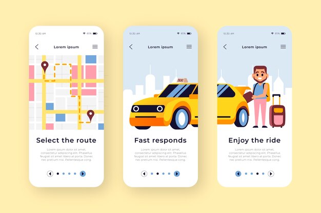 Pantallas de la aplicación de incorporación del servicio de taxi