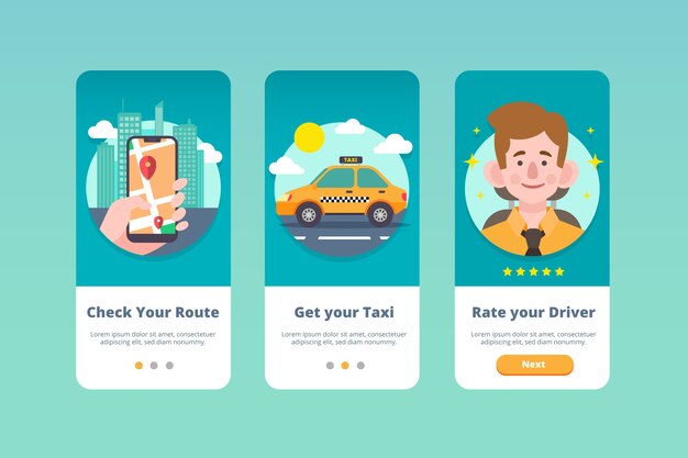 Pantallas de la aplicación de incorporación del servicio de taxi