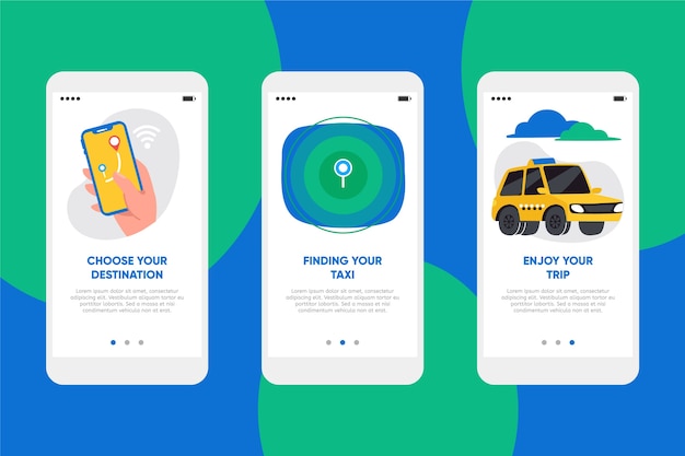 Vector gratuito pantallas de la aplicación de incorporación del servicio de taxi