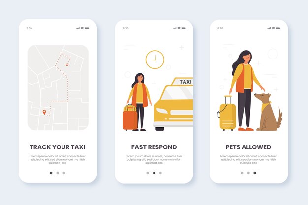 Pantallas de la aplicación de incorporación del servicio de taxi