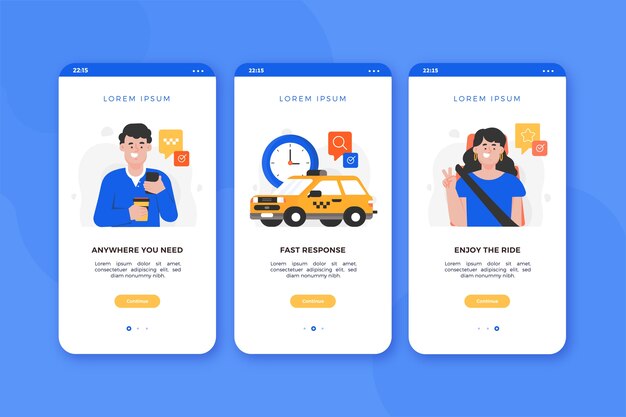 Pantallas de la aplicación de incorporación del servicio de taxi